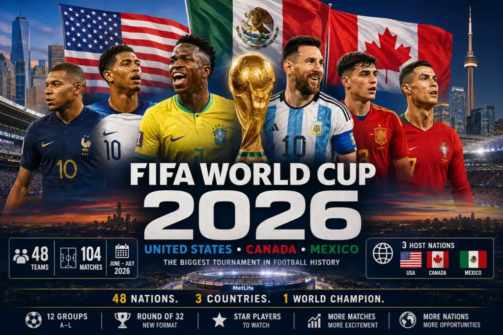 FIFA World Cup 2026 promotional poster featuring top international football stars, the World Cup trophy, and host nations United States, Canada, and Mexico.
