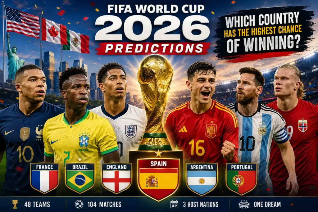 FIFA World Cup 2026 prediction concept showing top national football teams competing for the trophy, with Spain, France, Brazil, England, and Argentina highlighted as main contenders.
