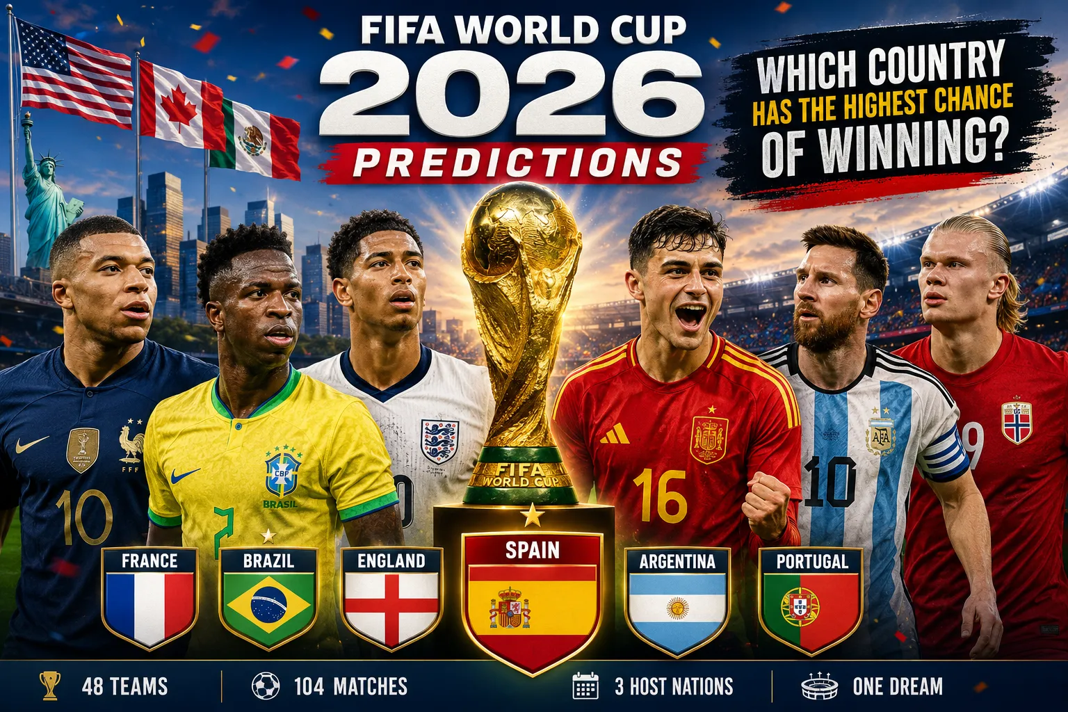 FIFA World Cup 2026 prediction concept showing top national football teams competing for the trophy, with Spain, France, Brazil, England, and Argentina highlighted as main contenders.