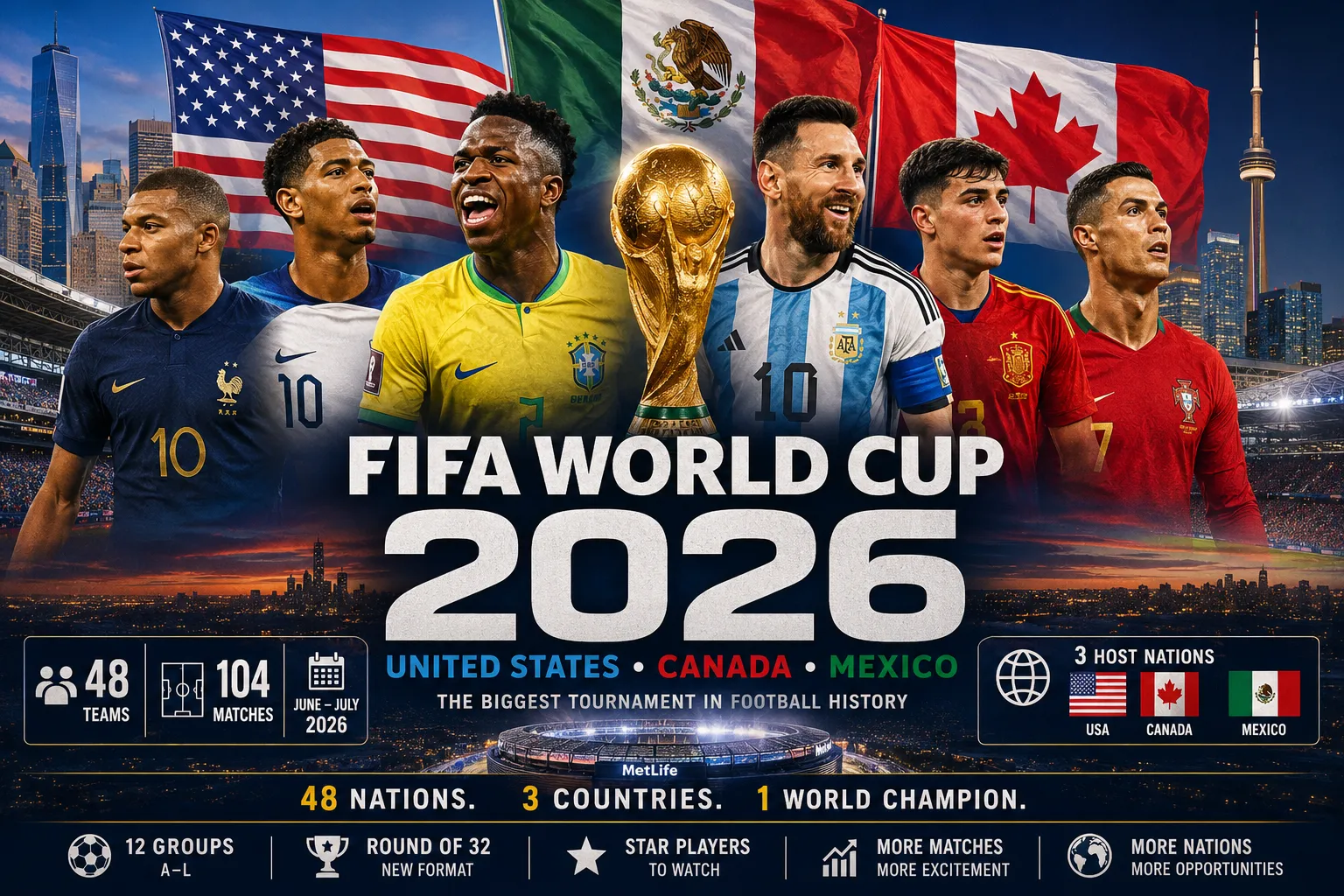 FIFA World Cup 2026 promotional poster featuring top international football stars, the World Cup trophy, and host nations United States, Canada, and Mexico.